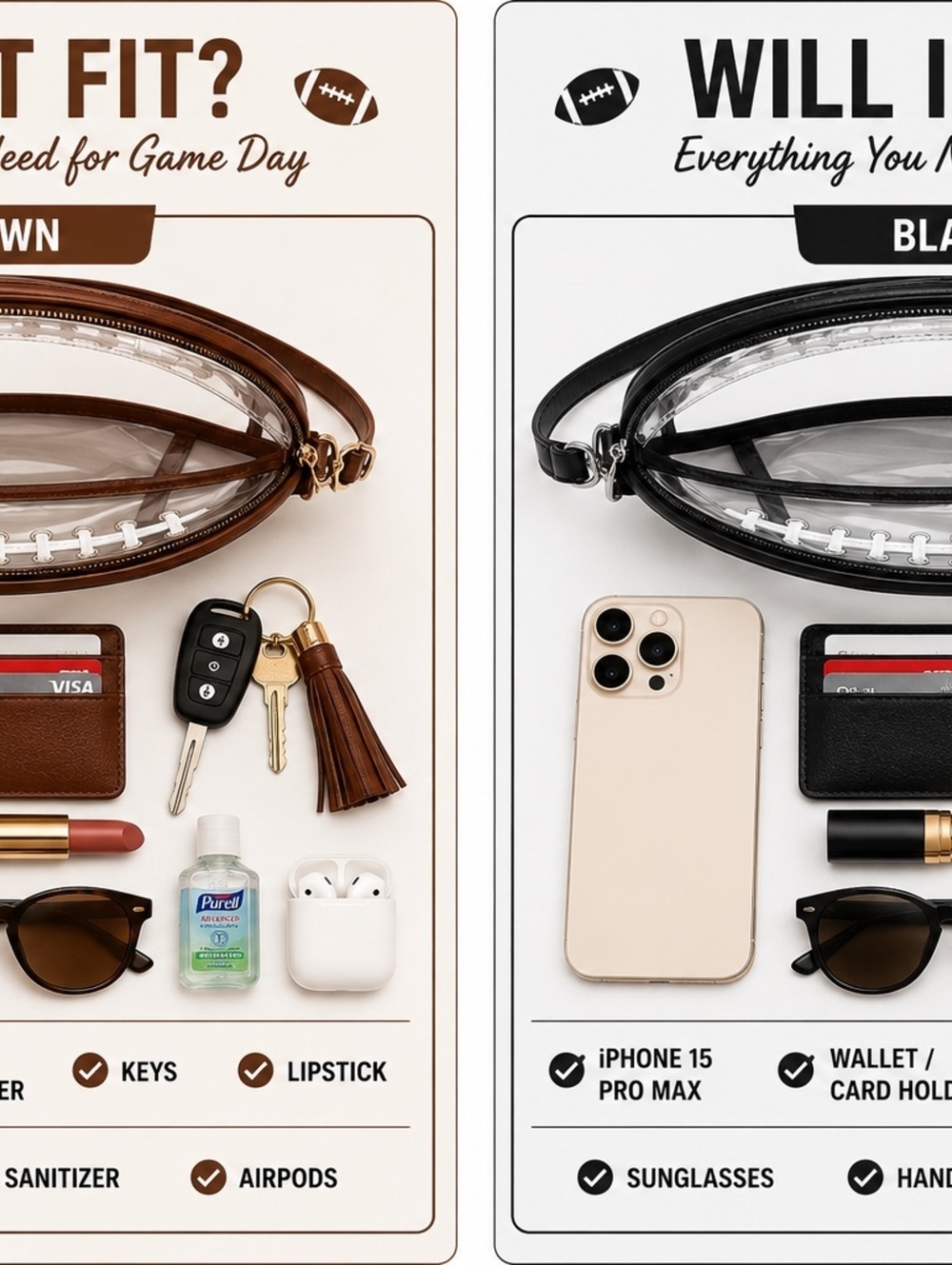 Football-Shaped Clear Crossbody Bag Stadium Approved Brown Purse - Picture 10 of 13